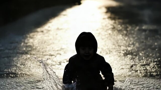 Video A happy and carefree young child splashing in a puddle on a sunny day