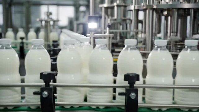 Rows of sealed plastic bottles filled with white liquid move along an automated conveyor belt system within a modern dairy production facility.