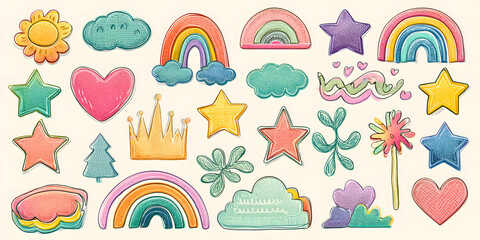 Fototapeta premium Childish crayon and scrapbook stickers on rippled paper with rainbows creative background flat lay