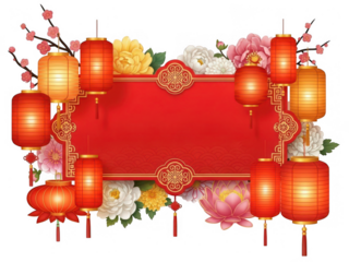 Vibrant chinese lantern frame isolated on transparent background