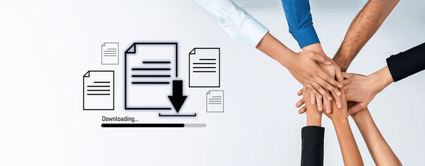 A dynamic representation of teamwork where multiple hands unite to symbolize collaboration in a business context, with documents downloading to emphasize productivity. Trope