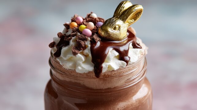 easter egg milkshake, a rich chocolate easter egg milkshake in a mason jar topped with whipped cream, chocolate sauce, and candy