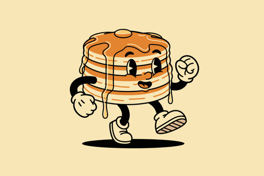 Retro Cartoon Pancake Character Walking Joyfully.