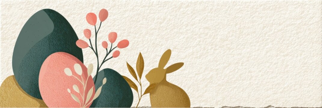minimalist easter postcard, modern minimalist geometric easter postcard template abstract shapes form stylized eggs, bunny silhouette, floral elements in sage, pink, and gold empty off-white