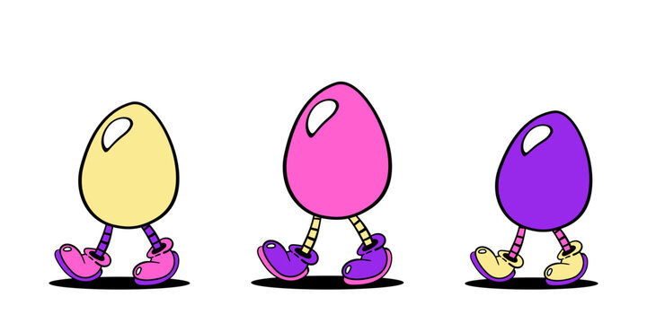 vector illustration of cute walking easter egg characters with legs in colorful cartoon , isolated on white background for kids, holiday and spring design