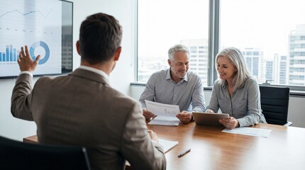 Business team discussing data on screen in modern office setting