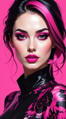 Woman portrait, pink highlights in dark hair, pink makeup and dress, against solid pink backdrop, soft lighting