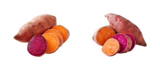 Two Whole Sweet Potato and Slices: Vibrant Orange and Purple Varieties on transparent background