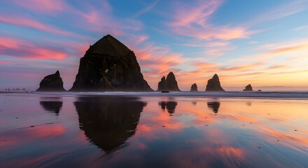 Spectacular ocean stacks reflected in wet sand during a vibrant sunset on the beach