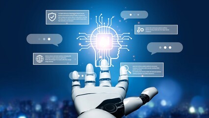 Futuristic robotic hand reaching towards digital brain with circuit patterns and glowing elements representing technology and innovation in AI development Gluon.