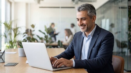 Fototapeta premium Confident businessman working on laptop in modern office space