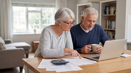 Mature couple planning finances together at home with laptop