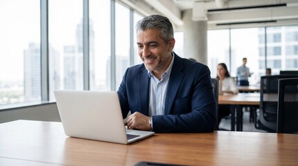 Obraz premium Confident businessman working on laptop in modern office space