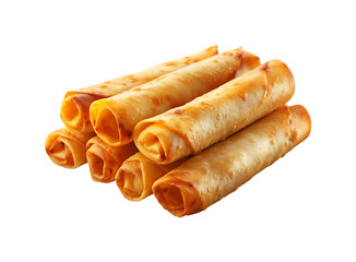 Stack of Golden Rolled Pancakes or Blini Rolls on transparent background