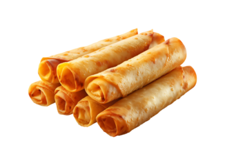Stack of Golden Rolled Pancakes or Blini Rolls on transparent background