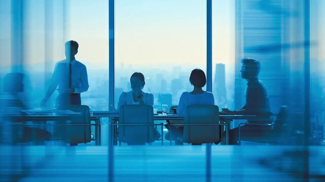 A business meeting is occurring in a high-rise office with glass walls. People are discussing and sharing ideas while the city skyline is visible in the background during daytime.