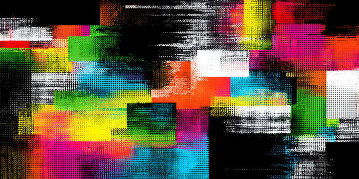 Glitch effect text on a pixelated bitmap texture with colorful dither pattern technology creative style