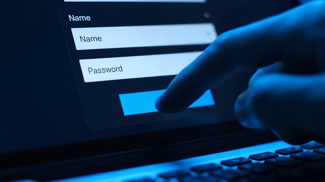 Close up of a finger pressing a blue submit button on a digital login form with blue lighting.