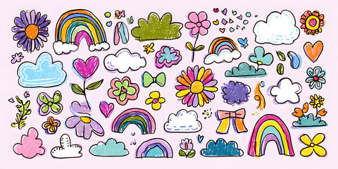 Fototapeta premium Crayon child drawing of clouds flowers and rainbows on paper creative art minimalist