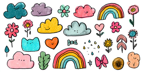 Naklejka premium childs crayon drawing of clouds flowers bows and rainbows on white paper girly kids art