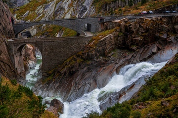 View of the Devil's Bridge in the Alps near Andermatt in Switzerland.