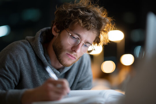 A man with glasses is writing in a notebook