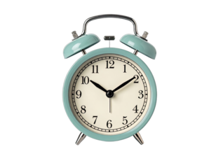 A vintage-style, light blue twin-bell alarm clock isolated against a solid black background.