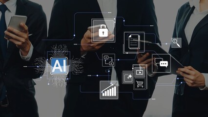 Business professionals interacting with technology and artificial intelligence in a modern office with digital icons representing innovation and growth Gluon.