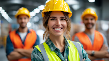 Young warehouse workers working together, team logistics collaboration display, industrial operations teamwork, cargo handling cooperation, professional storage facility, defocused