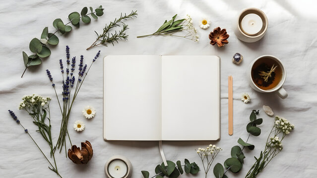 Spring Wellness Minimal Still Life Botanical Flat Lay Scene