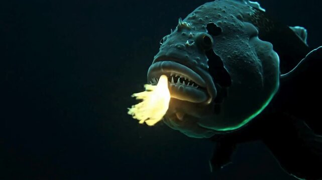 Strange deep sea anglerfish displaying bioluminescent lure to attract unsuspecting prey in the dark ocean depths