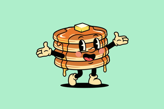 Retro Cartoon Pancake Character with Syrup and Butter.