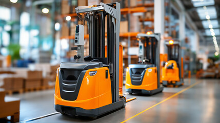 Charging forklifts in warehouse, electric material handling equipment, battery-powered industrial vehicles, sustainable logistics display, green warehouse technology, with copy spa
