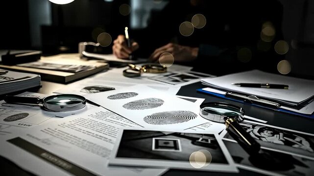 A dedicated investigator examines critical crime case evidence documents at night, scrutinizing fingerprints and confidential records under desk lamp illumination.