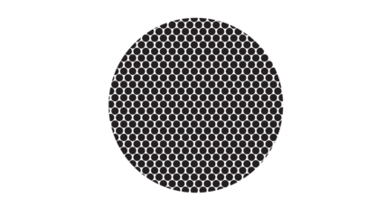 Large halftone circle composed of a dense grid of tiny black dots on a clean white background