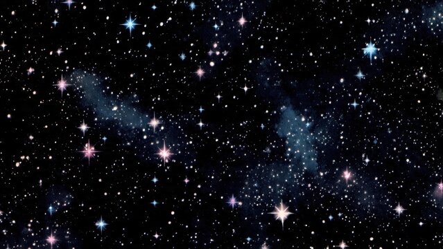 Cosmic starry night sky seamless pattern texture background with glowing pink and blue stars and dark space clouds