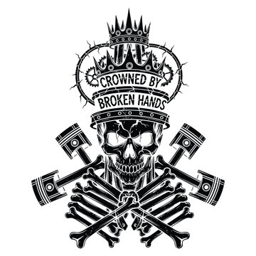 Black skull with crown and crossed pistons and bones emblem vector