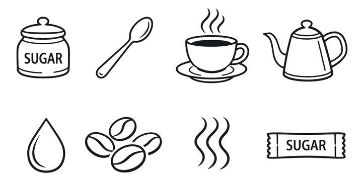 Hand drawn line art coffee and tea icons set featuring a sugar bowl, spoon, steaming cup, teapot, and coffee beans for breakfast and cafe designs
