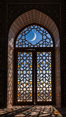 Fototapeta premium Ornate Islamic window with a geometric pattern overlooking a crescent moon. Vertical photo of traditional Arabic architecture for Ramadan Kareem. Spiritual scene with shadows in a mosque interior.