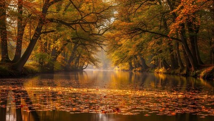 Autumnal forest landscape with serene lake and vibrant foliage