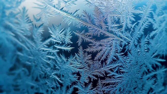 Close-up of intricate frost patterns on a glass surface, showcasing delicate ice crystals with a blue background