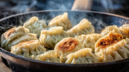 Deliciously Pan-Fried Dumplings Steaming in a Wok with Golden Crisp Edges and Soft Texture, Ideal for Culinary Photography and Food Blogging Projects