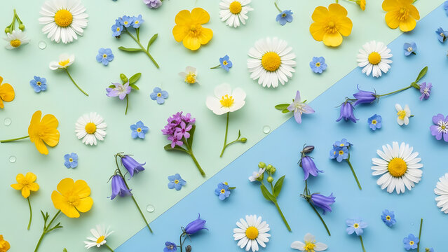 Spring Wellness Minimal Still Life Blue Floral Flat Lay Background