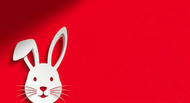 Osterhase auf rotem Hintergrund &ndash; wei&szlig;e Papercut-Illustration mit Kopiefl&auml;che f&uuml;r Ostergr&uuml;&szlig;e