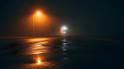 A nighttime scene of two streetlights reflecting on a wet road surface