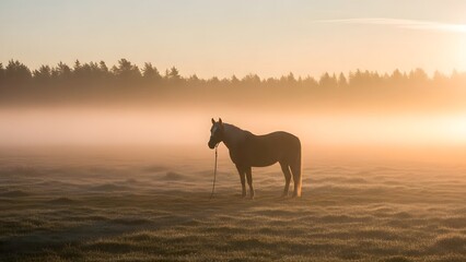 A lone horse stands in a misty field at sunrise with trees in the background