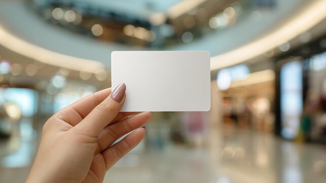 A hand holding a blank card in a mall. The card is white and has no writing on it