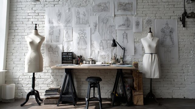 A fashion designer's studio white background wall desk