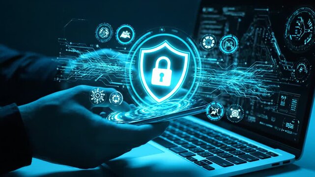 Close up on hands holding a smartphone with a glowing cybersecurity shield icon.