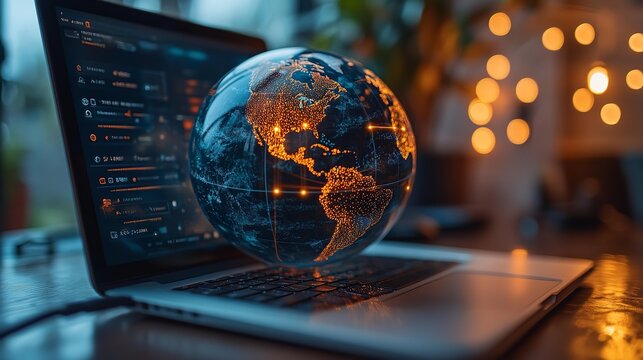 A futuristic image of a globe with illuminated countries and network on the laptop - Powered by Adobe